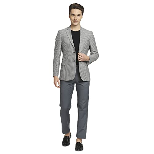 Image of Colorplus Men's Contemporary Fit Terry Rayon Blend Notch Collar Herringbone Pattern Full Sleeve Navy Casual Blazer