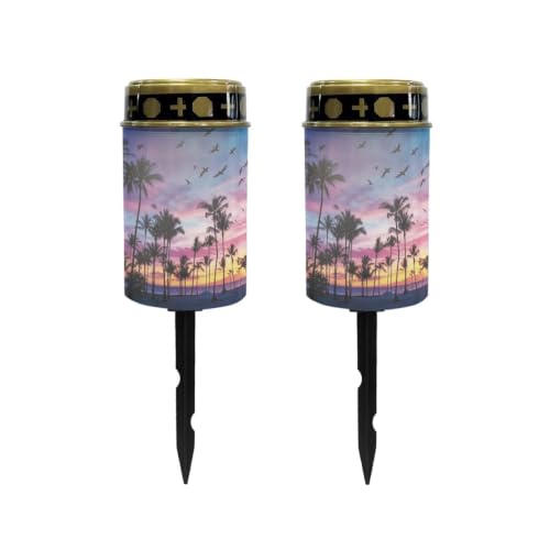 Image of Poceacles Solar Lights Outdoor Solar Powered Outdoor Cemetery Stake Candle Grave Lamp Landscape Lighting Waterproof Grave Flameless Candle, Palm Tree Beach Sunset Pattern Violet Blue, Pack of 2