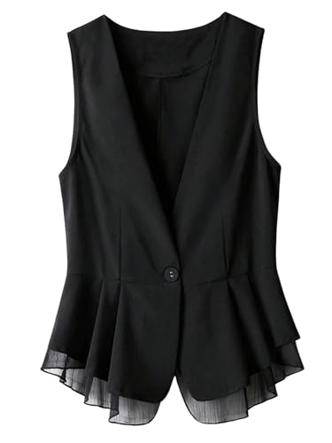 Floerns Women's Plus Size Sleeveless V Neck Vest Button Front Ruffle Business Casual Suit Jacket Black X-Large Plus