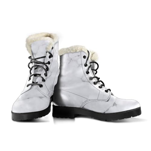 Faux Fur Leather Boots With White Grunge Marble Print |
