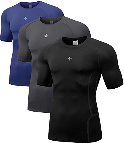 Men's Compression Shirts, Workout Shirts Dry Fit Moisture Wicking Short Sleeve Mesh Athletic T-Shirts,Athletic Black/Grey/Navy,L