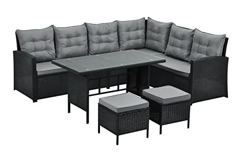 EVRE Monroe Black Outdoor 8 Seat Wicker Rattan Garden Furniture Dining Set Cushioned Classic Corner Sofa Chair Glass Top Table and Footrest for Patios Conservatories Rectangular