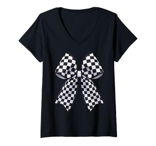 Photo de Femme Motif Damier Noir et Blanc avec nœud Coquette pour Fille T-Shirt avec Col en V