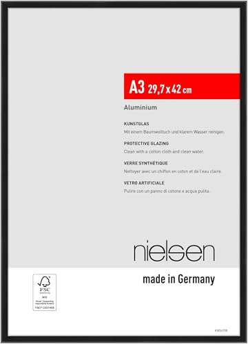 nielsen marco de fotos, 29,7 x 42 cm (A3), Aluminio, Negro mate, Marco para pósterpara colgaren formato vertical y apaisado, vidrio sintético irrompible, Atlanta