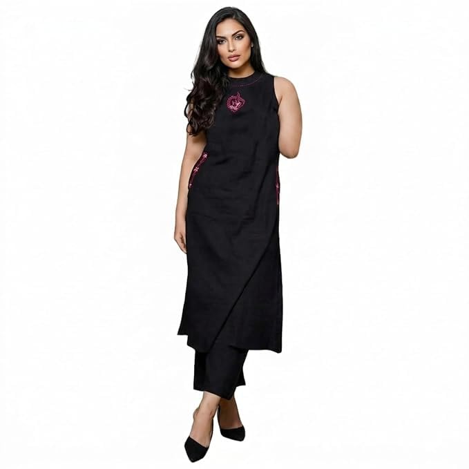 Image of Women Black Kurti Palazzo Set, Sleeveless Straight Kurta with Matching Palazzo Pants, Stylish Ethnic Wear Set for Women, Embroidered Kurta Set for Festive, Office, Casual, Party and Daily Wear