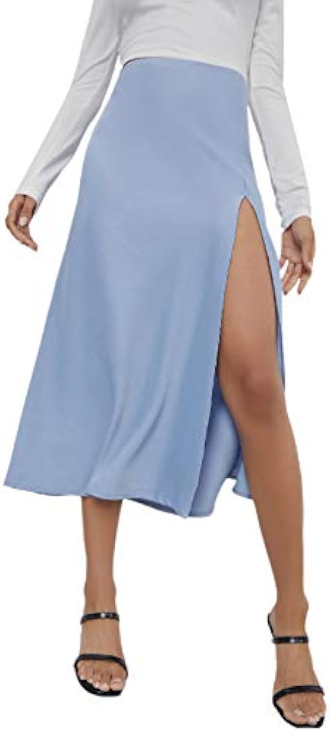 SheIn Women's High Waist Satin Skirts Split Thigh Solid Zipper Midi Skirt