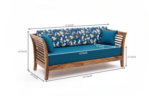 Image of Solid Sheesham Wood 3 Seater Sofa Set for Living Room | Wooden Couch with Cushions | Handcrafted Sheesham Wood Sofa | Home & Office Furniture | 3 Seater Sofa Set |