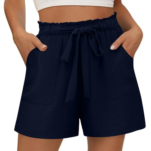 Pantalones cortos de muselina para mujer, de verano, hasta la rodilla, de lino, de algodón, bermudas, para tiempo libre, cintura alta, pantalones de tela monocolor, pantalones cortos de palazzo