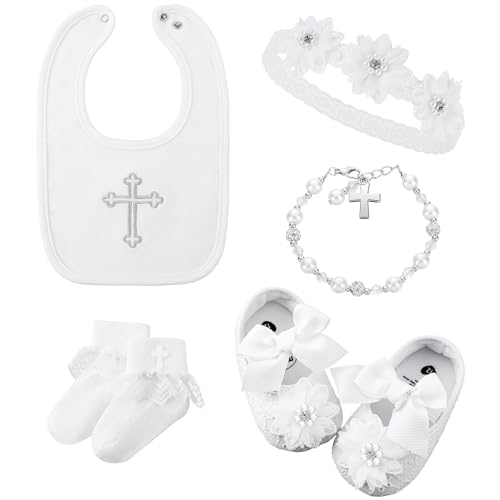 Consejos y reviews para comprar Zapatos comunion los diez mejores. 33 Bunnycool - Babero de bautizo para bebé niña, 5 unidades, para bautizo, zapatos de encaje, diadema con abalorios, pulsera blanca, trajes de bautismo para niñas y niños...