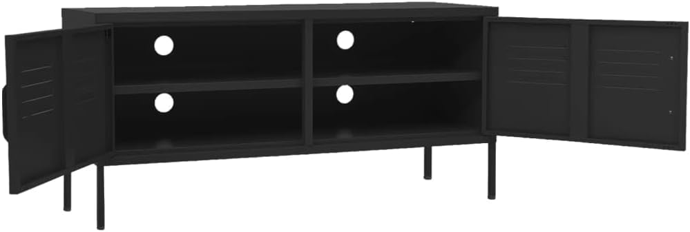 İç mekan view of the vidaXL Industrial Style TV Stand with doors open, showing the internal shelf and cable management holes.