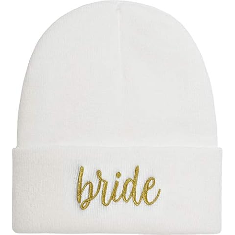 Funky Junque Womens Bride Beanie Warm Knit Embroidered Bride Tribe Skull Cap Hat, Bride - White/Gold (Cursive), One Size Cover
