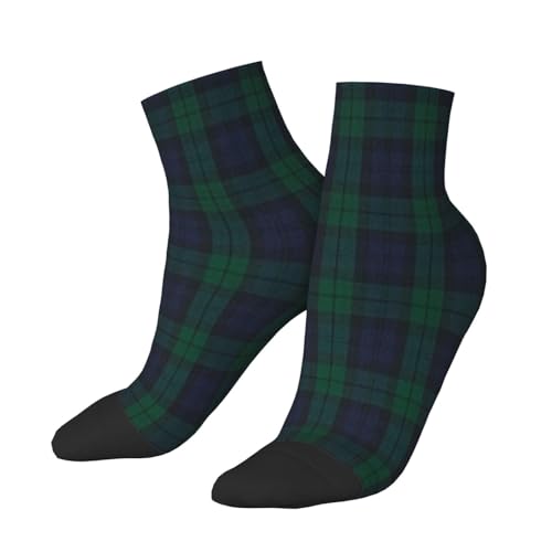 Men Women Deep Blue & Green Plaid Ankle Socks Quarter Athletic Socks