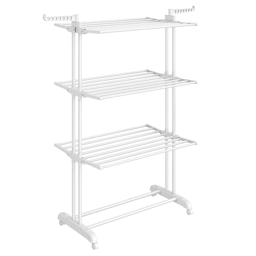 SONGMICS Large Clothes Airer, Foldable Clothes Drying Rack Laundry 4-Tier, Moveable Clothes Horse, 63.5 x 128 x 173 cm, Stainess Steel, Folding Wings, Indoor Outdoor Use, Cloud White LLR701W03