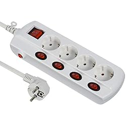 Elementos De Proteccion Individual Electraline 62501 Regleta Base múltiple 4 Tomas schuko + 4 1 Interruptor General, Cable 1.5 M, Blanco