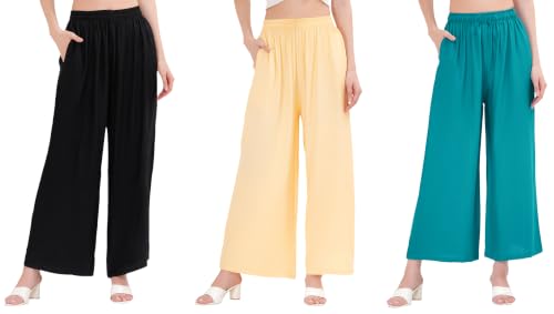 Image of Buy That Trendz Palazzo Pants for Women Rayon Elasticated Regular Fit Flared Wide Leg M to 6XL Pack of 3