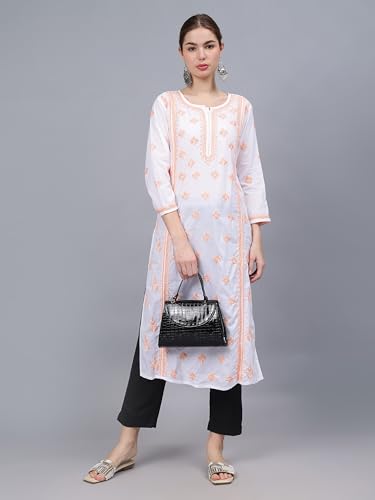 Image of Seva Chikan Hand Embroidered Lucknowi Chikankari Cotton Straight Kurta for Women SCL4567