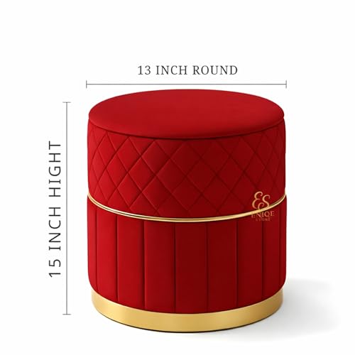 Image of Set of 2 Round Velvet Ottoman Footstool Gold Base - Tufted Upholstered Pouffe Stool for Living Room, Bedroom & Dressing Area (Red)