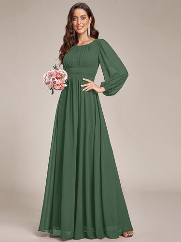 Image of Ever-Pretty Women's Crewneck Long Lantern Sleeves Floor Length A-Line Pleated Chiffon Formal Dress 0106B