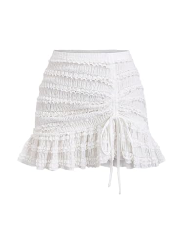 GORGLITTER Women's Drawstring Lace Ruffle Skirt Y2k Asymmetrical Hem Mini Coquette Skirts