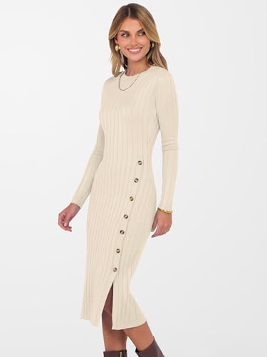 ANRABESS Womens 2025 Fall Long Sleeve Midi Dress Ribbed Knit Bodycon Fitted Button Down Wedding Guest Slit Sweater Dresses