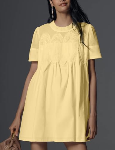 Image of Shiyifa Womens Babydoll Lace Patchwork Dresses Summer Short Sleeve Ruffle Sundress Loose Crew Neck A-Line Dresses