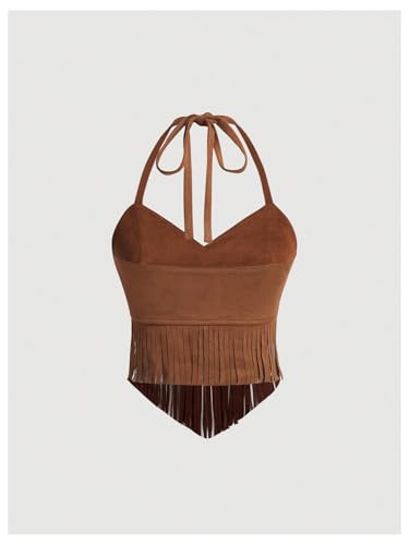 OYOANGLE Women's Plus Size Fringe Halter Top V Neck Beaded Cowgirl Western Suede Crop Top2