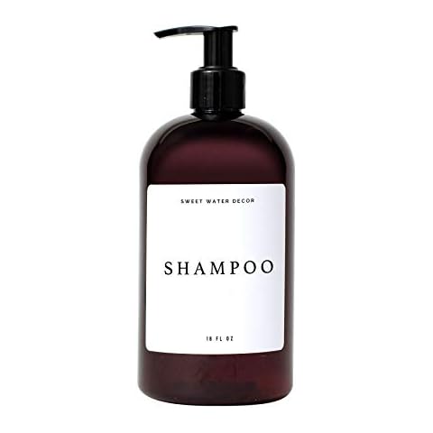 Sweet Water Decor Amber Plastic Jar | Refill Shampoo Dispenser | 16 oz Refillable Bottle with Pump | White Waterproof Label with Black Text | Rustic, Modern, Farmhouse Gift (Shampoo) Cover