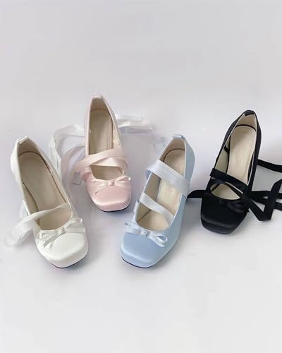 KOKOMOMO Womens Cute Bow Satin Ballet Heels with Ribbon Square Toe Kitten Heels Lolita Cosplay Victorian Fairy Shoes Lace Up Ballerina Pumps Bridal Wedding Party Dress Shoes4