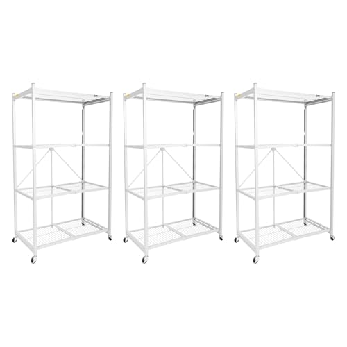 Image of Origami 3-Pack R5 Storage Rack, 4-Tier Heavy-Duty Foldable Steel Shelf with Wheels, White