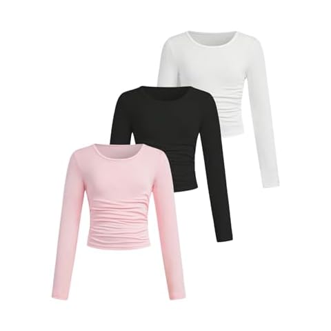 SOLY HUX Girl's 3 Piece T Shirt Crew Neck Long Sleeve Ruched Crop Tops Slim Fit Solid Basic Tee Multicoloured 12Y Cover