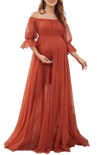 Havejoy Ropa Premama Embarazada Vestido Fiesta Mujer Largo Boda Manga Larga Escote Bardot Hombro Descubierto con Encaje, Maxi Vestido de Maternidad para Fotografía Baby Shower Cóctel Playa Casual