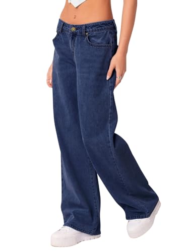 NIMIN Vintage Jeans for Women Mid Rise Straight Wide Leg Denim Pants Vintage Baggy Boyfriend Y2K Pants Slacks Dark Blue Large4