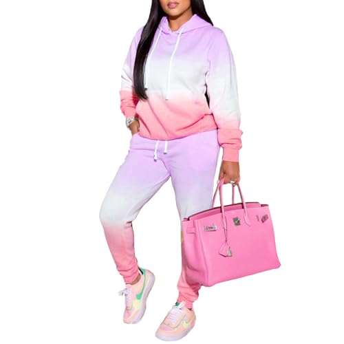 PINSV Sweatsuit Outfits For Women 2 Piece Set Casual Jogging Suits Tracksuits Long Sleeve Hoodie Sweatshirts Drawstring Sweatpants Two Piece Sets Purple Pink Gradient XL
