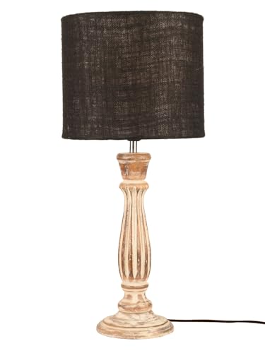 Image of Green Girgit Athens Wooden Lamp in Distress White Color with Jute Black Shade, Vintage Style Table Lamp, Distressed Wood Base, Black Linen Shade, Farmhouse Decor (LED Bulb Included)