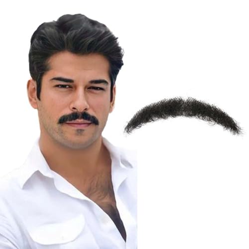 Gx Beauty Fake Realistic Mustache 100% Human Hair Full Hand Tied Fake Beard Resilient and Long-Lasting Lace Invisible Fake Facial Hair for Cosplay Halloween Costumes and Drama Movie Makeup(Black)