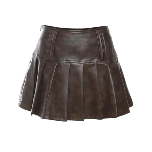 Women Leather Brown Pleated Skirt Vintage Streetwear Y2k Hight Waist