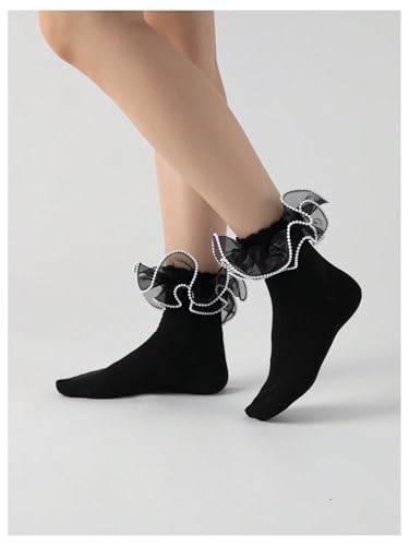 OYOANGLE Women's 1 Pair Pearl Beaded Sheer Ruffle Frilly Crew Socks Soft Comfortable Casual Sock Lolita Socks2