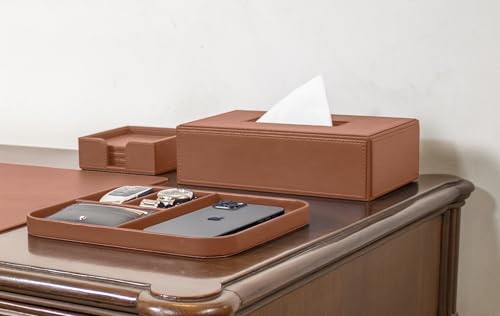 Image of V-CUBE Designs Premium Vegan Leather Executive Set of 6| Multipurpose Personal Desk Organizer| Desk Mat | Valet Tray| Tissue Holder | Pen Holder| Coaster | Mobile Stand for Office Table & Home - Tan
