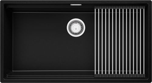 PRIMAGRAN Evier Cuisine en Granit Noir 86x47cm, Lavabo 1 bac + Kit de Vidage + Égouttoir Enroulable, Évier à Encastrer al mueble 90cm - Prague Slim S673