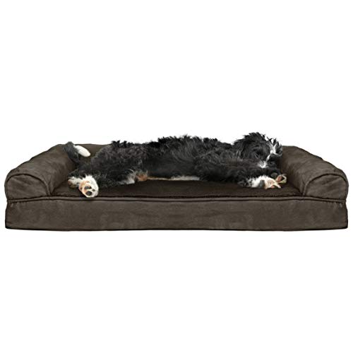 Furhaven Pet Dog Bed - Cooling Gel Memory Foam Ultra Plush Faux Fur and Suede Traditional Sofa-Style Living Room Couch Pet Bed with Removable Cover for Dogs and Cats, Espresso, Large