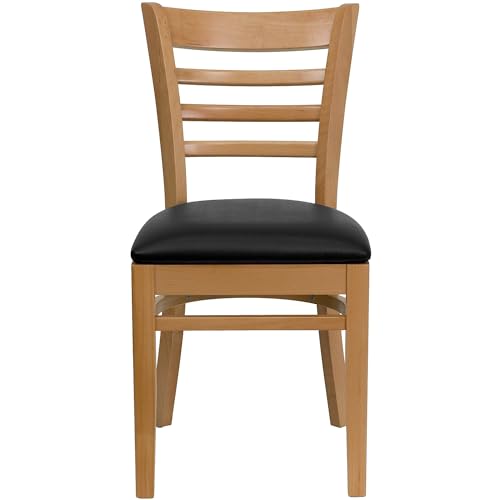 Image of Flash Furniture 2 Pack HERCULES Series Ladder Back Natural Wood Restaurant Chair - Black Vinyl Seat