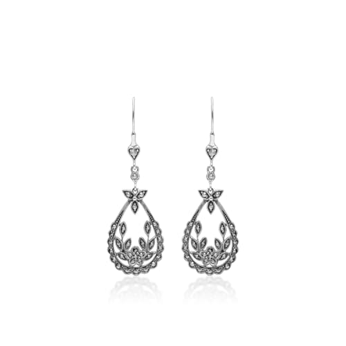 Sterling Silver 925 Marcasite Ear Wire Floral Dangle Earrings2
