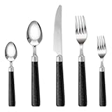 Carote Silverware Set for 4, 20 Pcs Stainless Steel Flatware Set, Mirror Polished Cutlery Utensil Set Including Knife Fork Spoon with Leather Patterned ABS Handle, Black