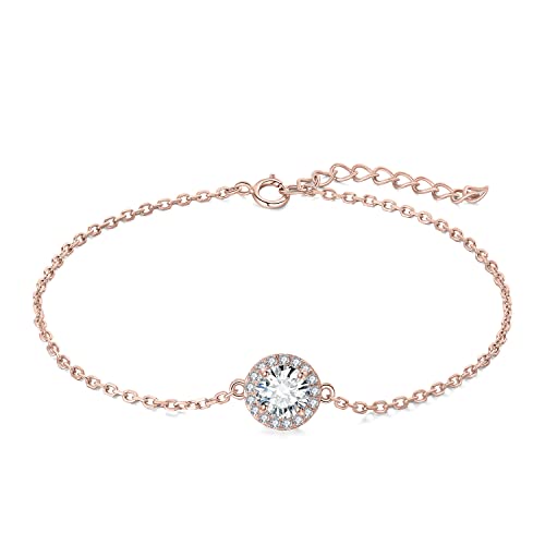 JewelryPalace Halo Ajustable Pulsera Mujer Plata, Pulsera Niña Circonita Corte Redonda, Brazalete Mujer Elegante Plata de Ley 925 Oro Rosa, Regalo Pulsera Piedras Preciosas, Conjunto Joyas Mujer