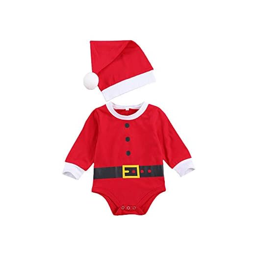 Bebé Conjunto de Navidad para Recién Nacido 2 Piezas Traje Navideño de Niño Pequeño 0-1 Año Top Mameluco de Manga Larga con Botones + Gorro (Rojo, 6-9 Meses)