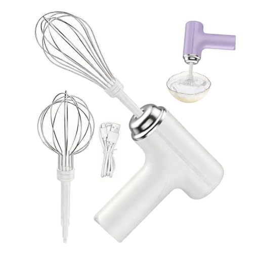 Batidor de huevos eléctrico, Mezclador de alimentos eléctrico inalámbrico, batidora de mano con 3 ajustes de velocidad, for hornear masa, pastel, crema y leche(White)