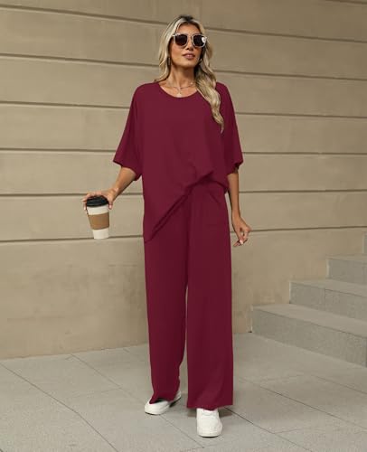 Image of KevaMolly 2 Piece Lounge Set for Women Postpartum Oversized Tops and Wide Leg Pants Soft Comfy Pajamas Set 2 Piece Outfits