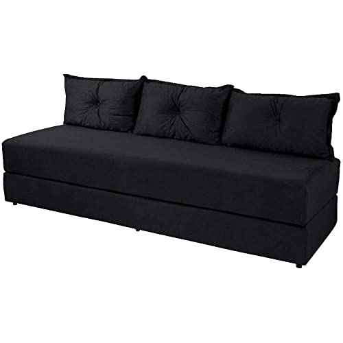 Sofanete Sofá de 3 lugares Sofá Cama de Casal Bicama em Suede (Preto)