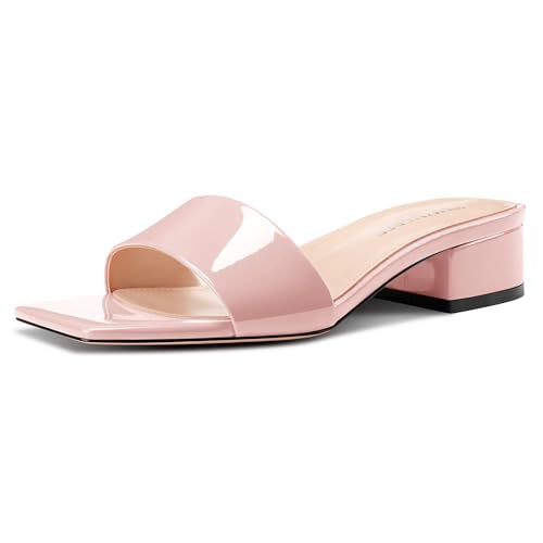 Image of TNYNFBEB Womens Chunky Block Low Heel Open Square Toe Sandals Mules Shoes Slip-on Prom Party Dress Patent Leather 1.4 Inches Heels