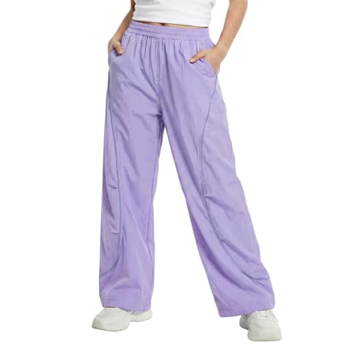 Lightweight Cargo Pants for Girls Kids Waterproof Windproof Reflective Outdoor Joggers with Drawstring Purple